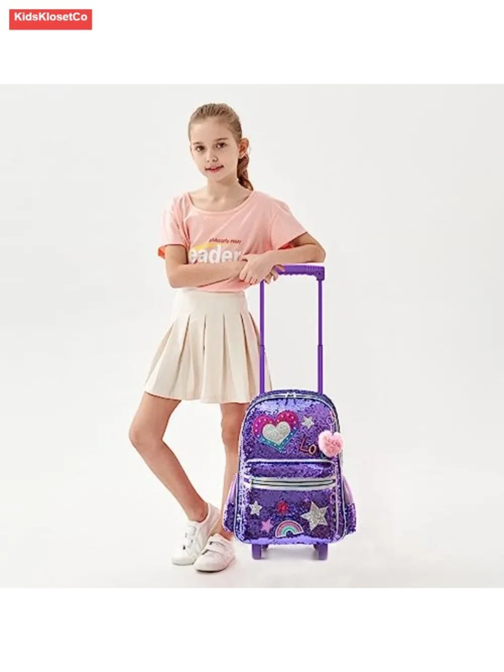 Rolling Backpack with Wheels for Kids Sequin Girls School Luggage with Lunch